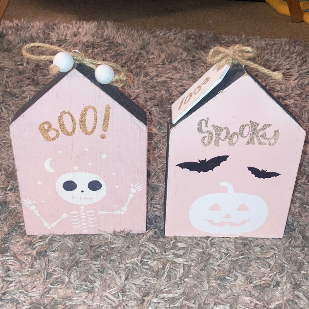 Pink Halloween Decor thick wooden signs quill to paper by sixtrees lot of 2